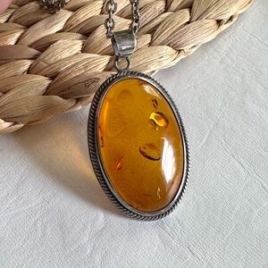 Vintage large Amber Sterling silver Pendant Necklace